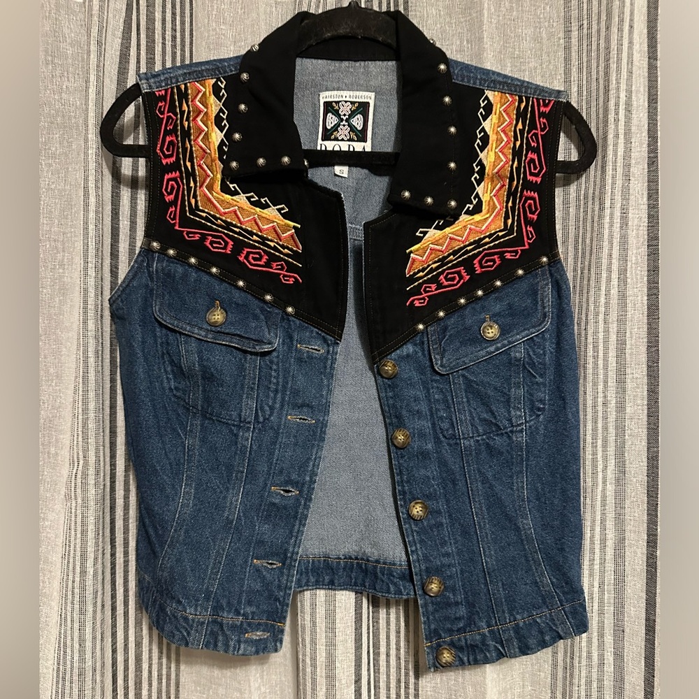 Vintage Hairston Roberson Ropa Embroidered Denim Vest with Studs